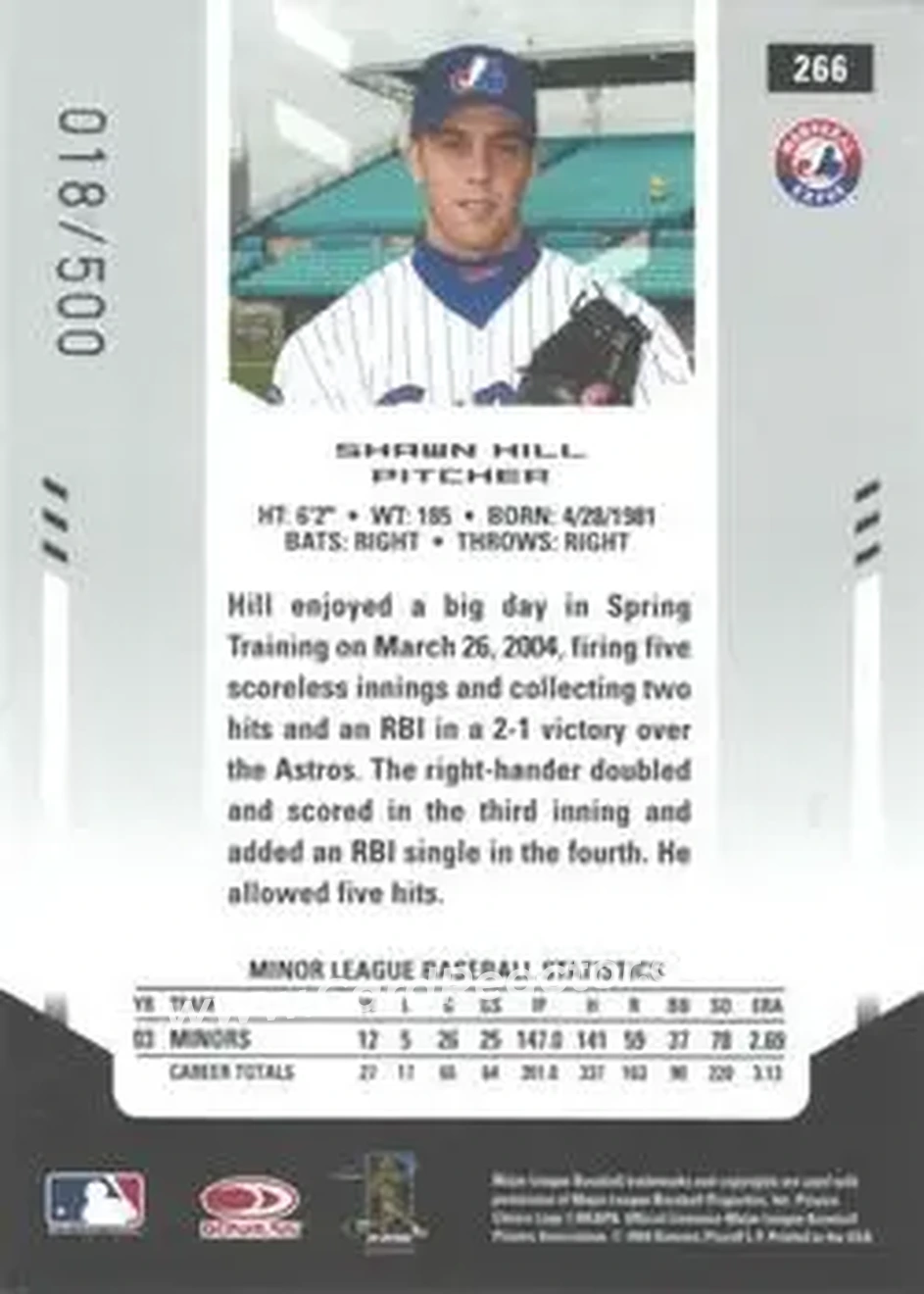 2004 Leaf Certified Materials #266 - Shawn Hill - Montreal Expos - Back