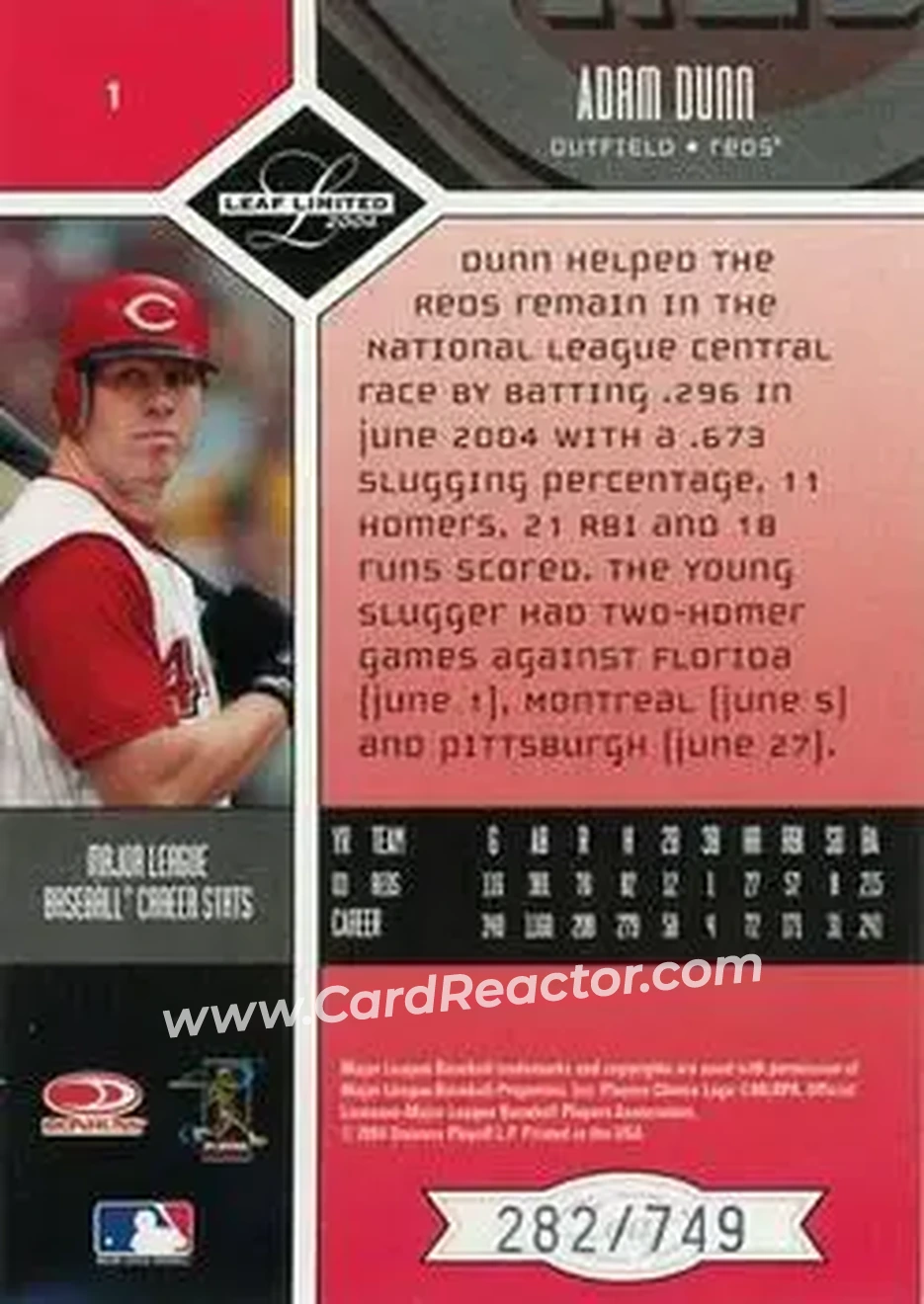 2004 Leaf Limited #1 - Adam Dunn - Cincinnati Reds - Back