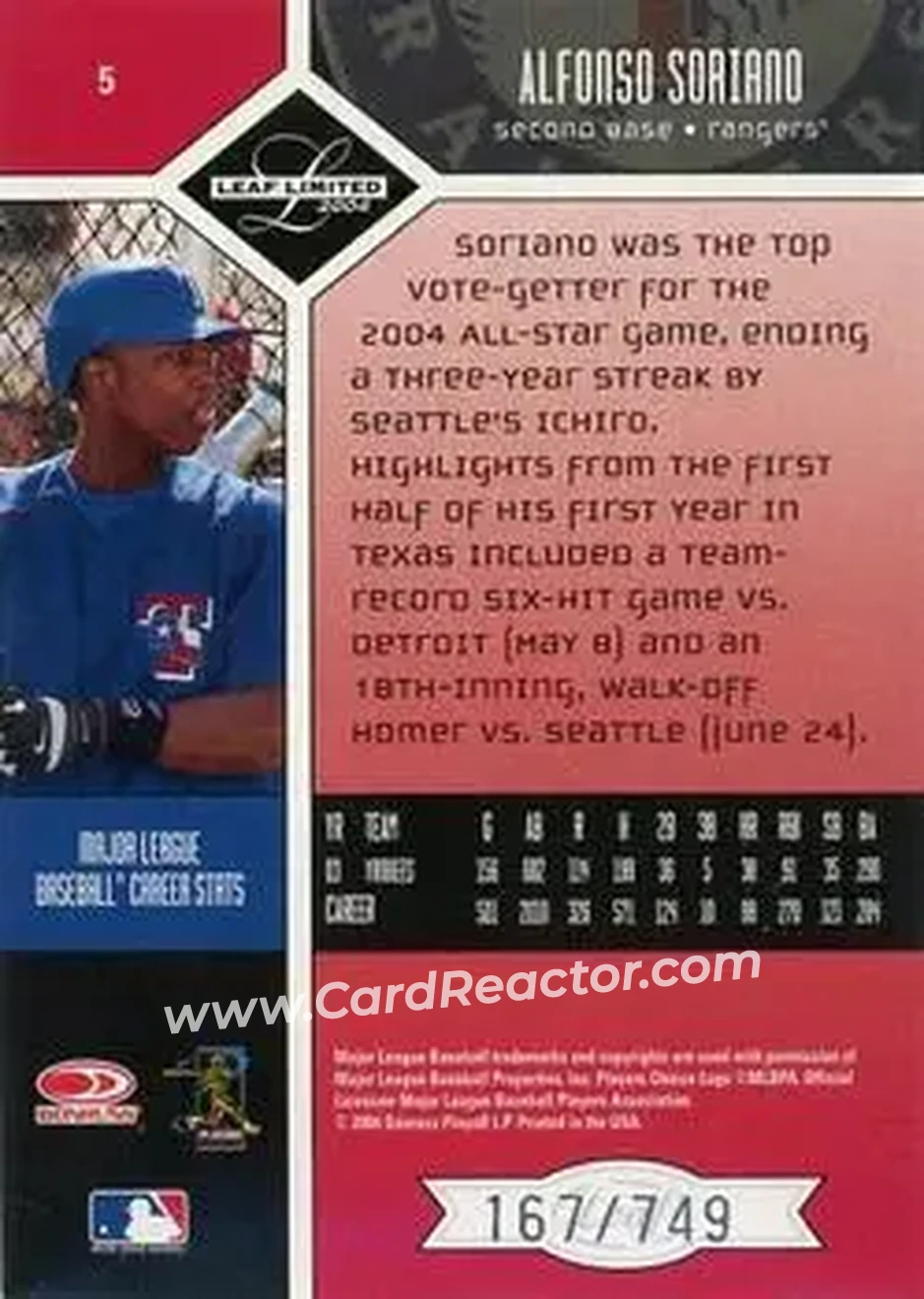 2004 Leaf Limited #5 - Alfonso Soriano - Texas Rangers - Back