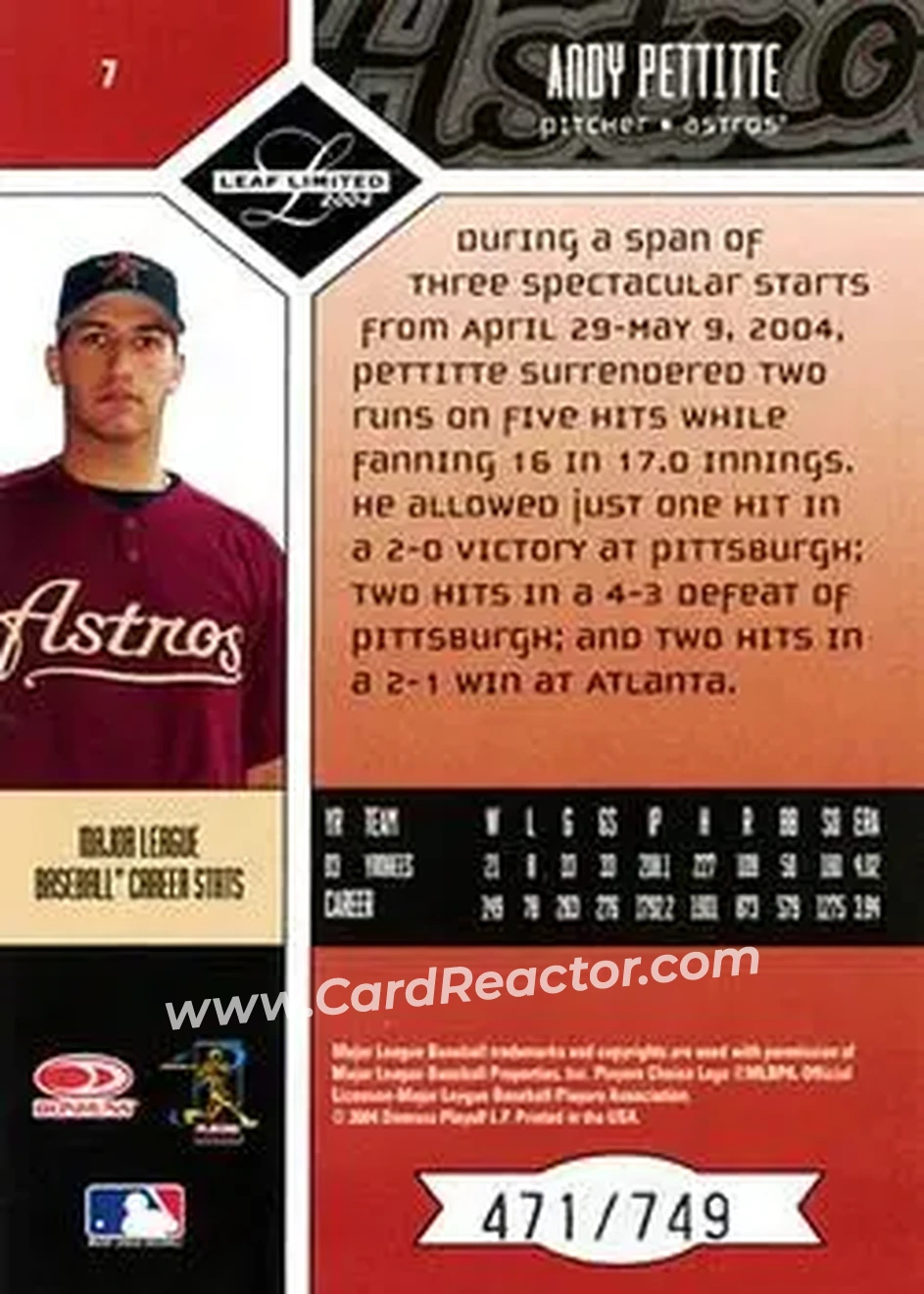 2004 Leaf Limited #7 - Andy Pettitte - Houston Astros - Back