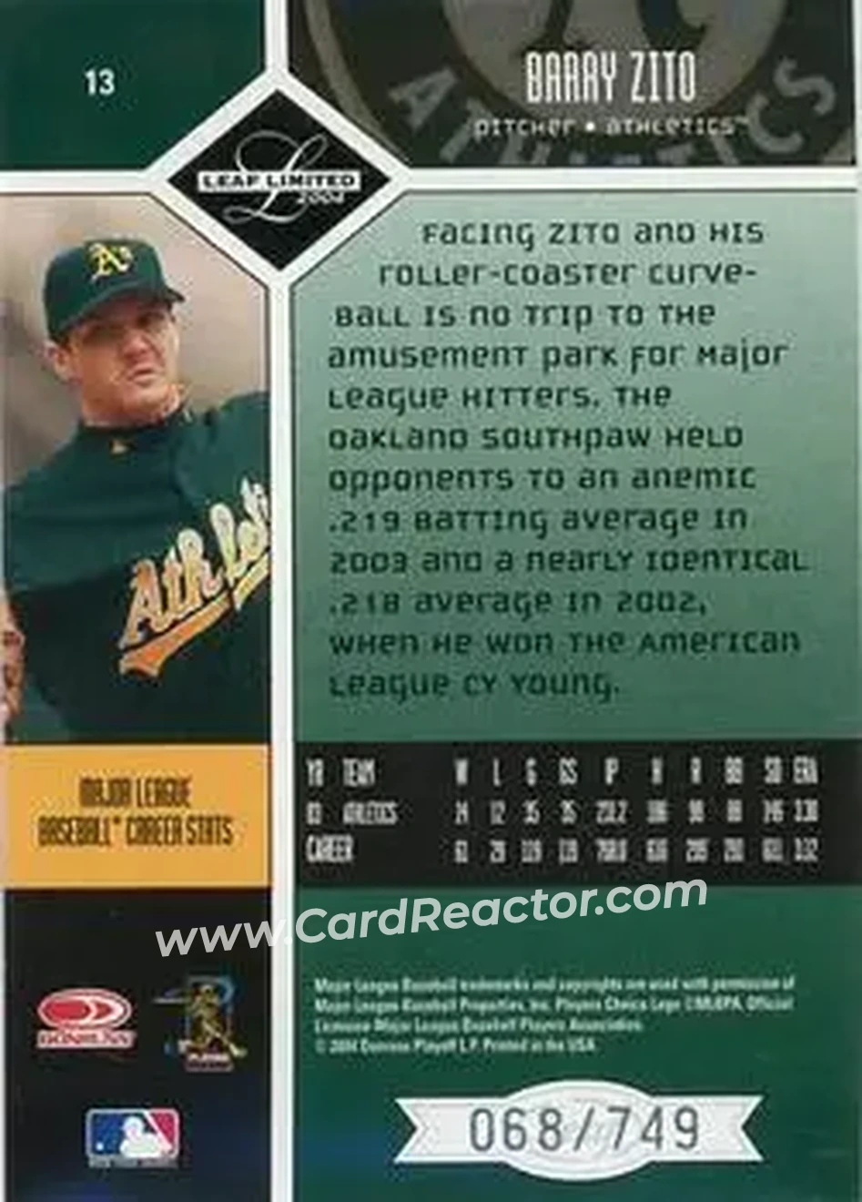 2004 Leaf Limited #13 - Barry Zito - Oakland Athletics - Back