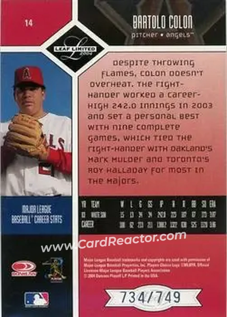 2004 Leaf Limited #14 - Bartolo Colon - Anaheim Angels - Back 2004 Leaf Limited #14 - Bartolo Colon - Anaheim Angels - Back