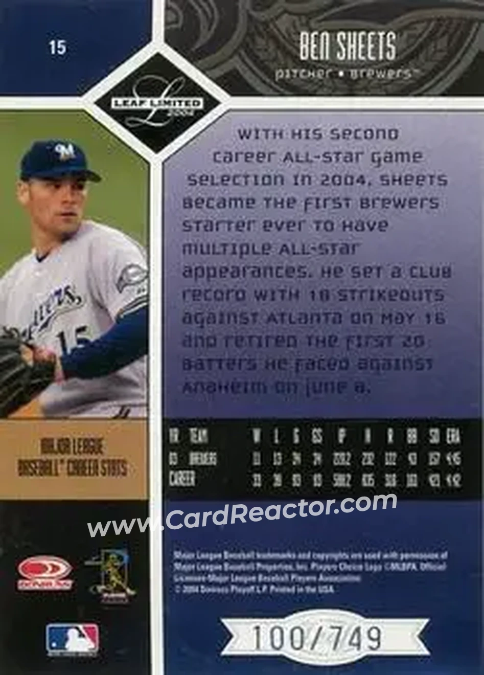 2004 Leaf Limited #15 - Ben Sheets - Milwaukee Brewers - Back