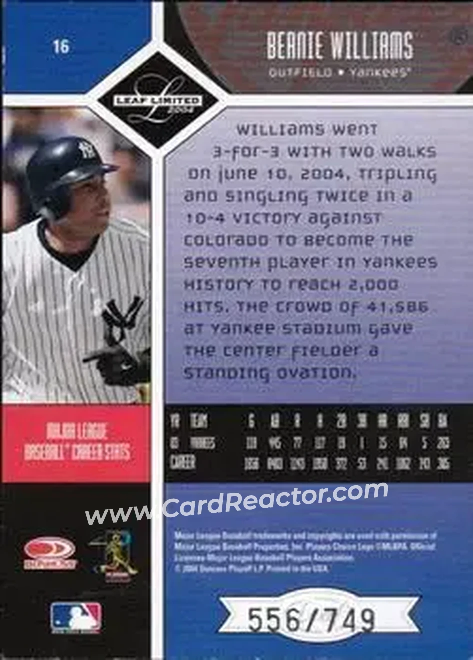 2004 Leaf Limited #16 - Bernie Williams - New York Yankees - Back