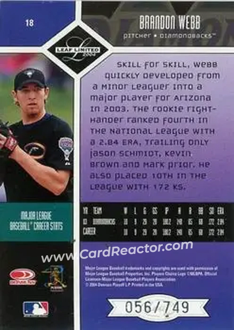 2004 Leaf Limited #18 - Brandon Webb - Arizona Diamondbacks - Back 2004 Leaf Limited #18 - Brandon Webb - Arizona Diamondbacks - Back