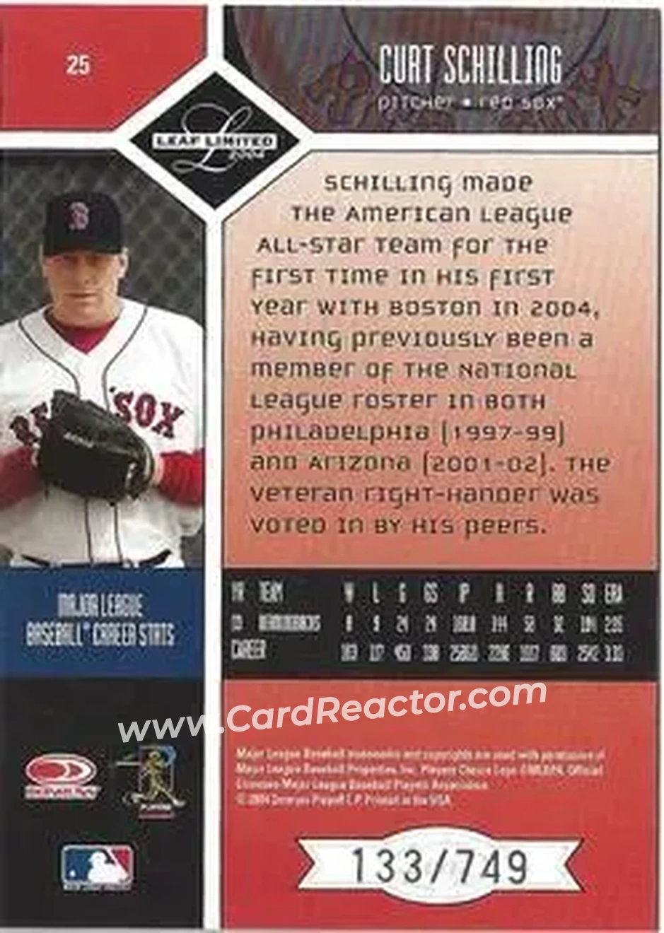 2004 Leaf Limited #25 - Curt Schilling - Boston Red Sox - Back