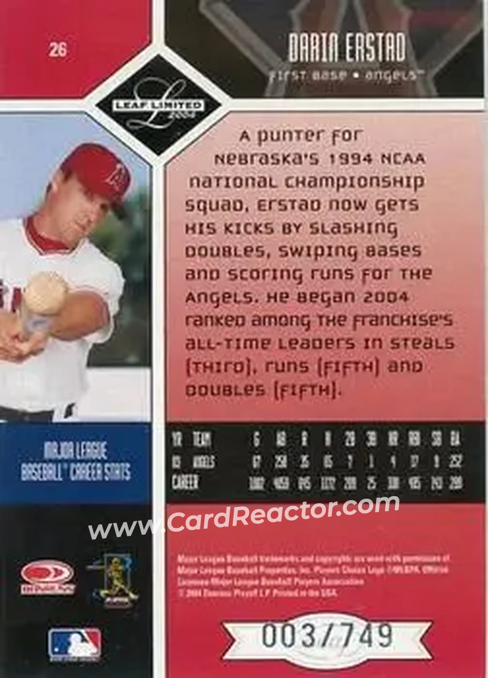 2004 Leaf Limited #26 - Darin Erstad - Anaheim Angels - Back 2004 Leaf Limited #26 - Darin Erstad - Anaheim Angels - Back