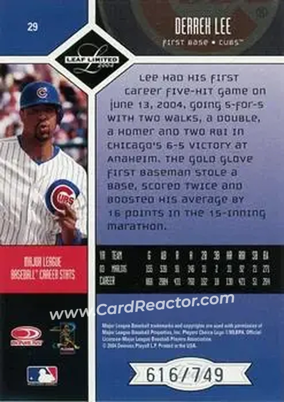 2004 Leaf Limited #29 - Derrek Lee - Chicago Cubs - Back