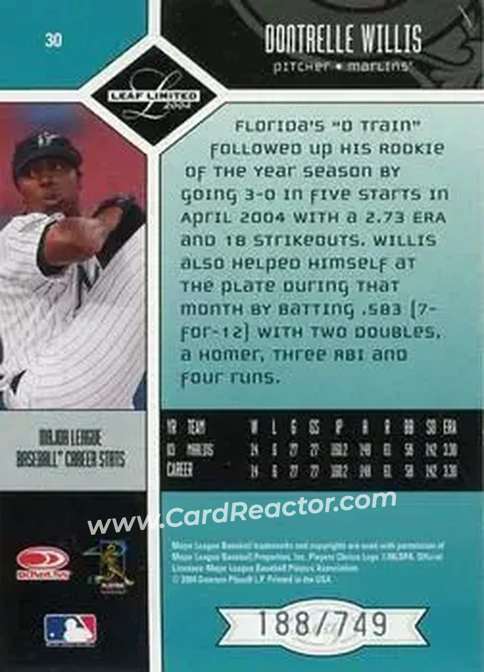 2004 Leaf Limited #30 - Dontrelle Willis - Florida Marlins - Back