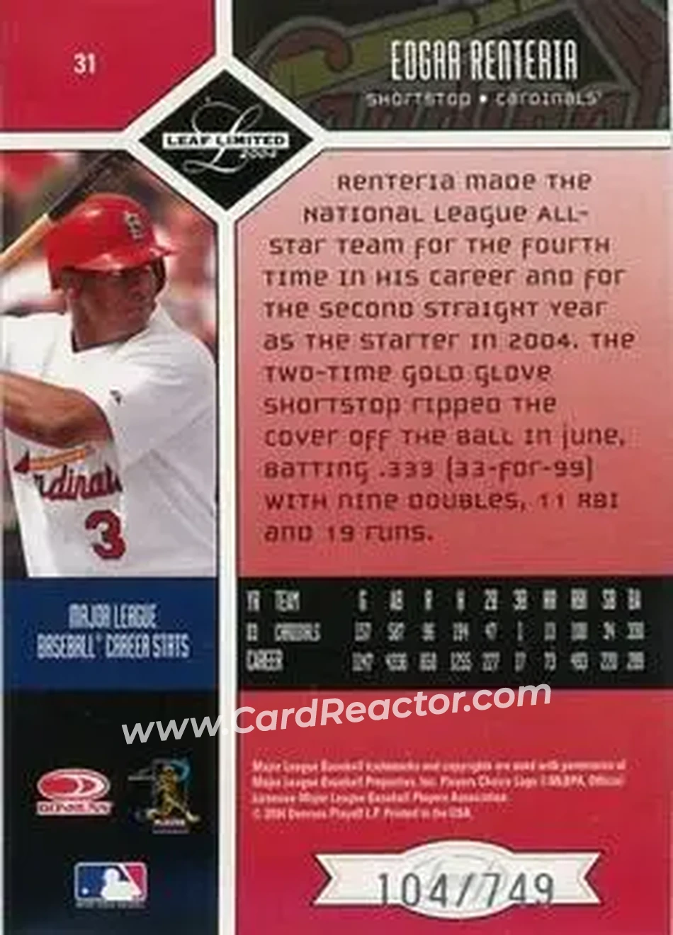 2004 Leaf Limited #31 - Edgar Renteria - St. Louis Cardinals - Back