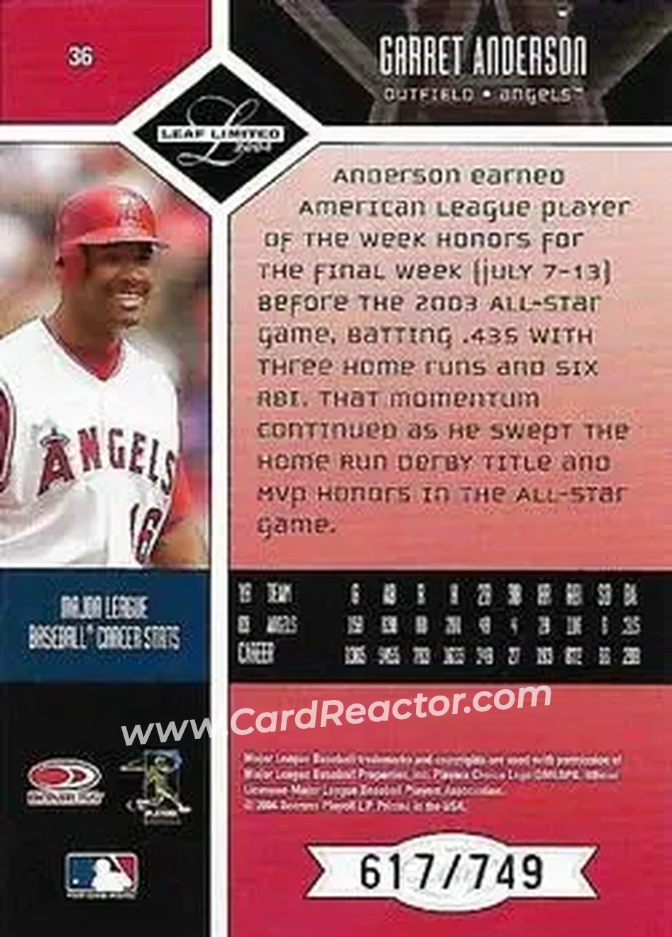 2004 Leaf Limited #36 - Garret Anderson - Anaheim Angels - Back