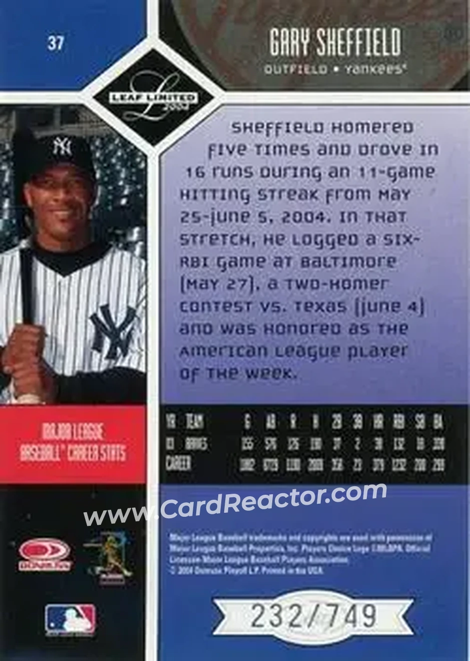 2004 Leaf Limited #37 - Gary Sheffield - New York Yankees - Back