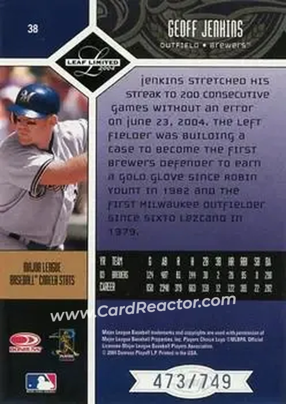 2004 Leaf Limited #38 - Geoff Jenkins - Milwaukee Brewers - Back