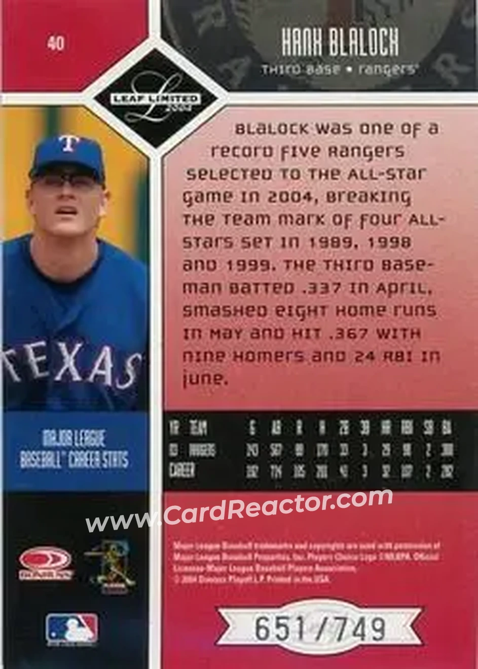 2004 Leaf Limited #40 - Hank Blalock - Texas Rangers - Back