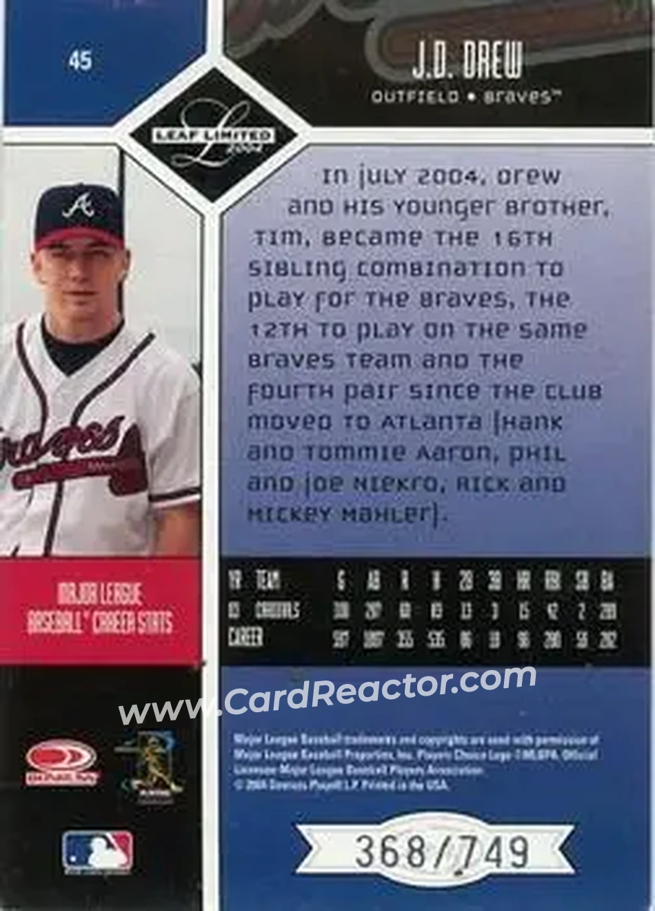 2004 Leaf Limited #45 - J.D. Drew - Atlanta Braves - Back