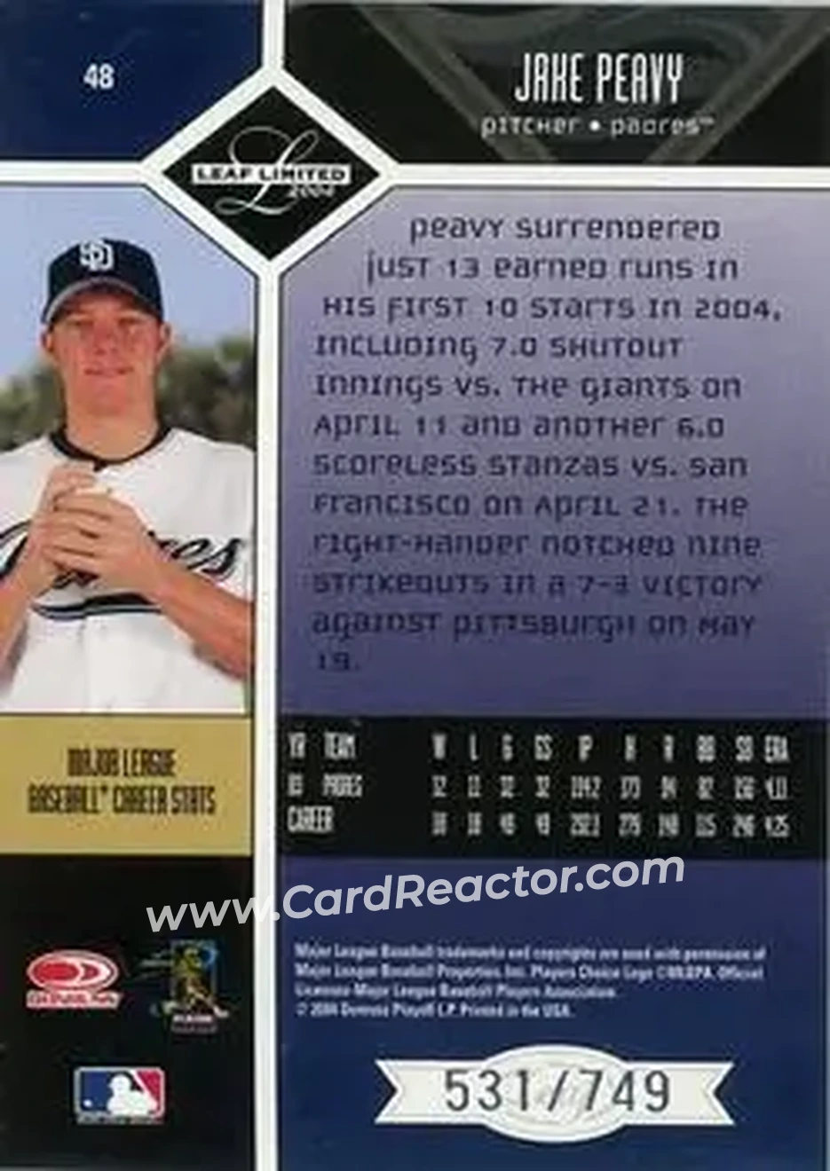 2004 Leaf Limited #48 - Jake Peavy - San Diego Padres - Back
