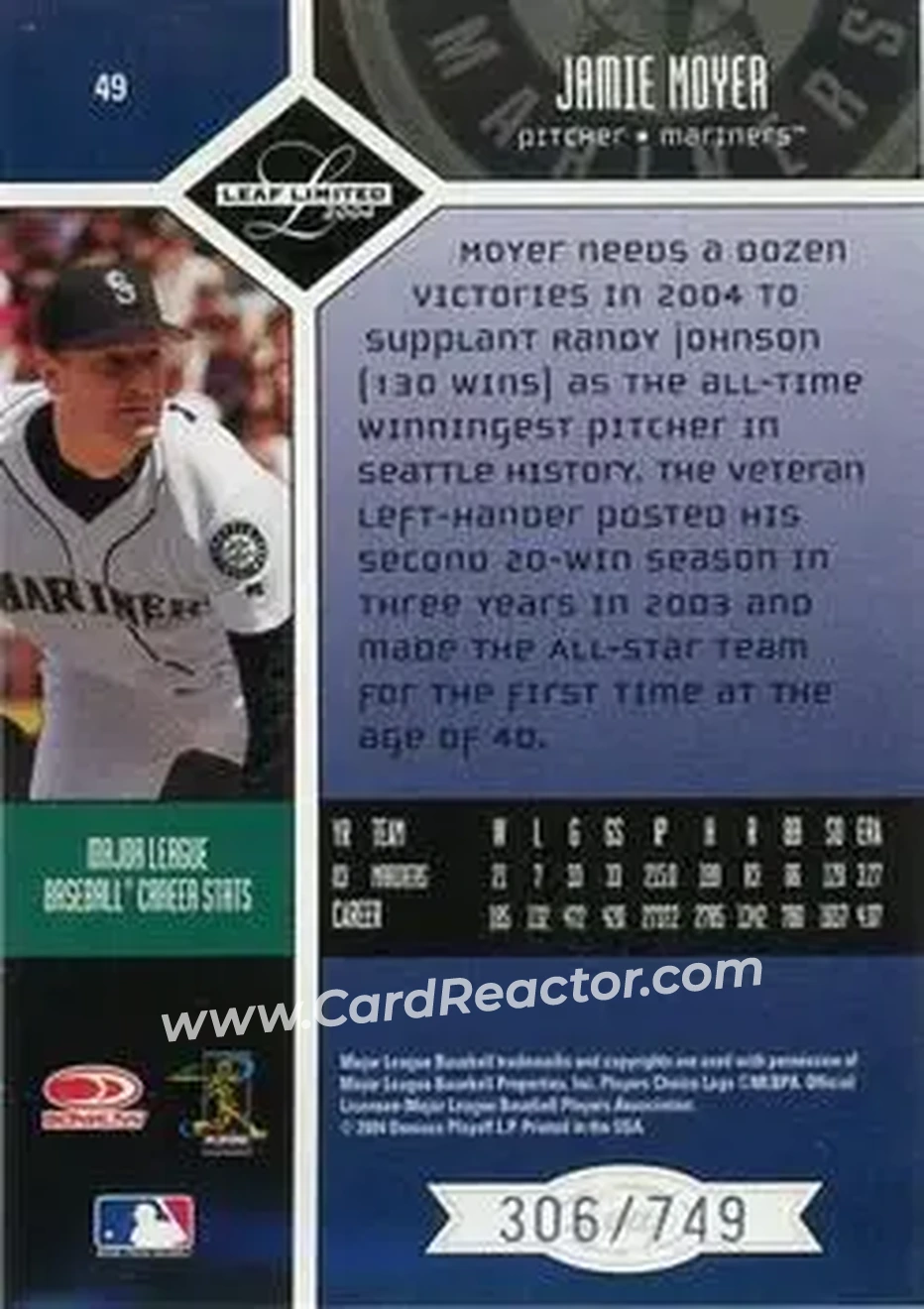 2004 Leaf Limited #49 - Jamie Moyer - Seattle Mariners - Back
