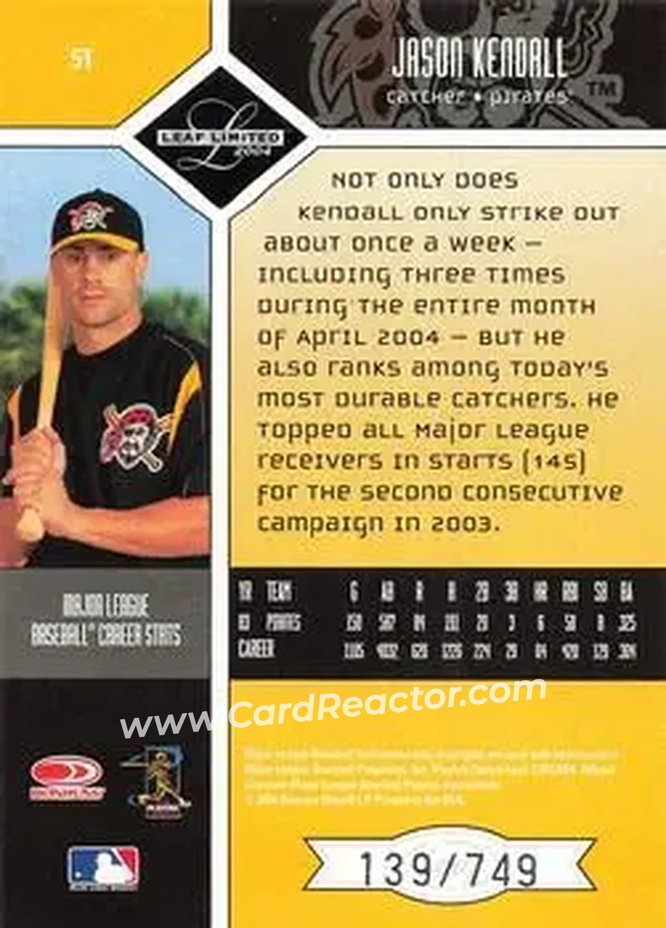 2004 Leaf Limited #51 - Jason Kendall - Pittsburgh Pirates - Back 2004 Leaf Limited #51 - Jason Kendall - Pittsburgh Pirates - Back