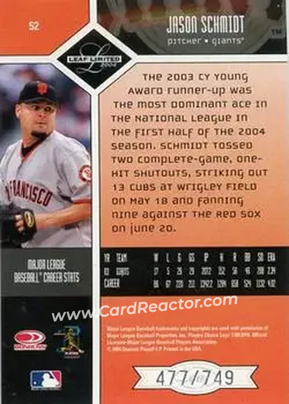 2004 Leaf Limited #52 - Jason Schmidt - San Francisco Giants - Back 2004 Leaf Limited #52 - Jason Schmidt - San Francisco Giants - Back