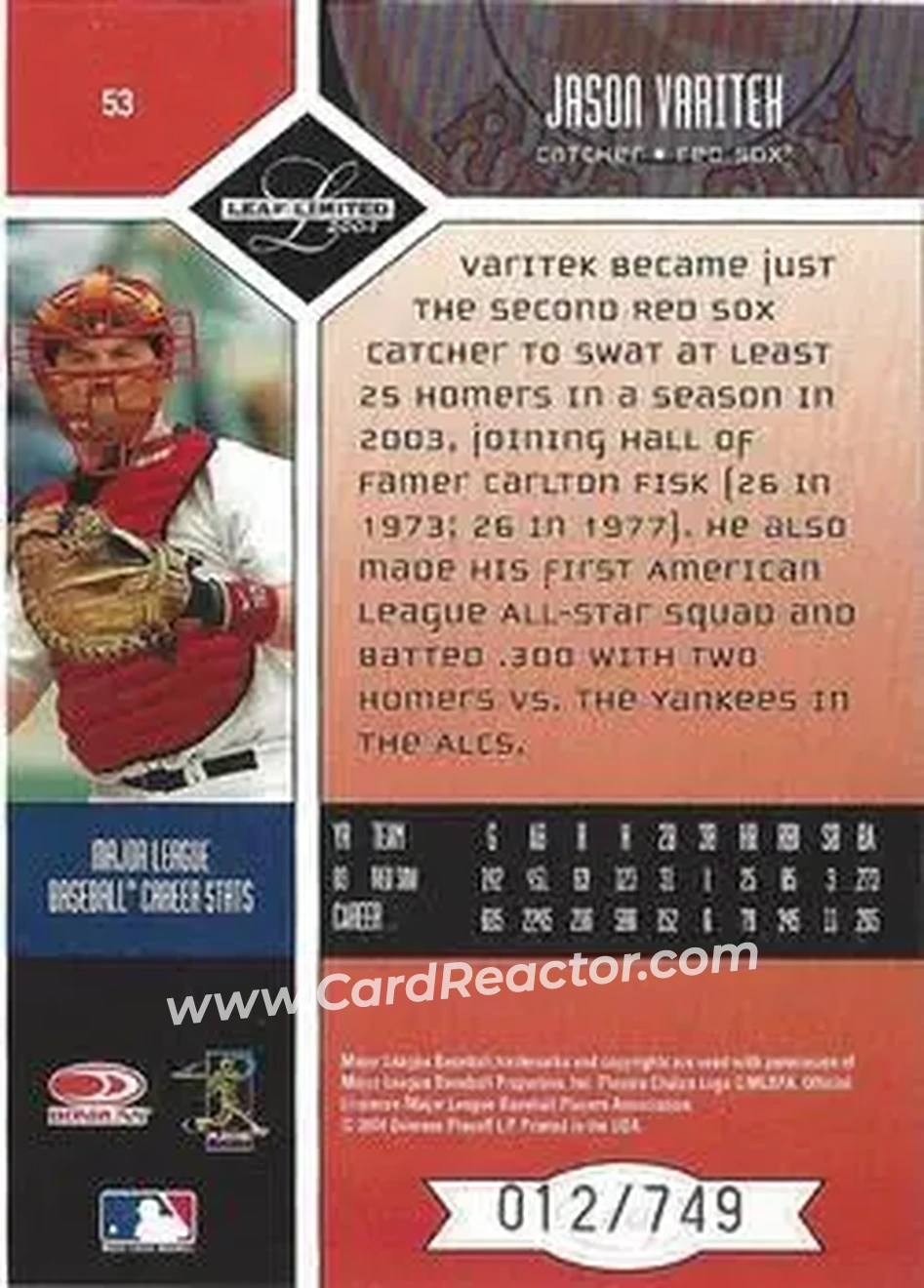 2004 Leaf Limited #53 - Jason Varitek - Boston Red Sox - Back 2004 Leaf Limited #53 - Jason Varitek - Boston Red Sox - Back