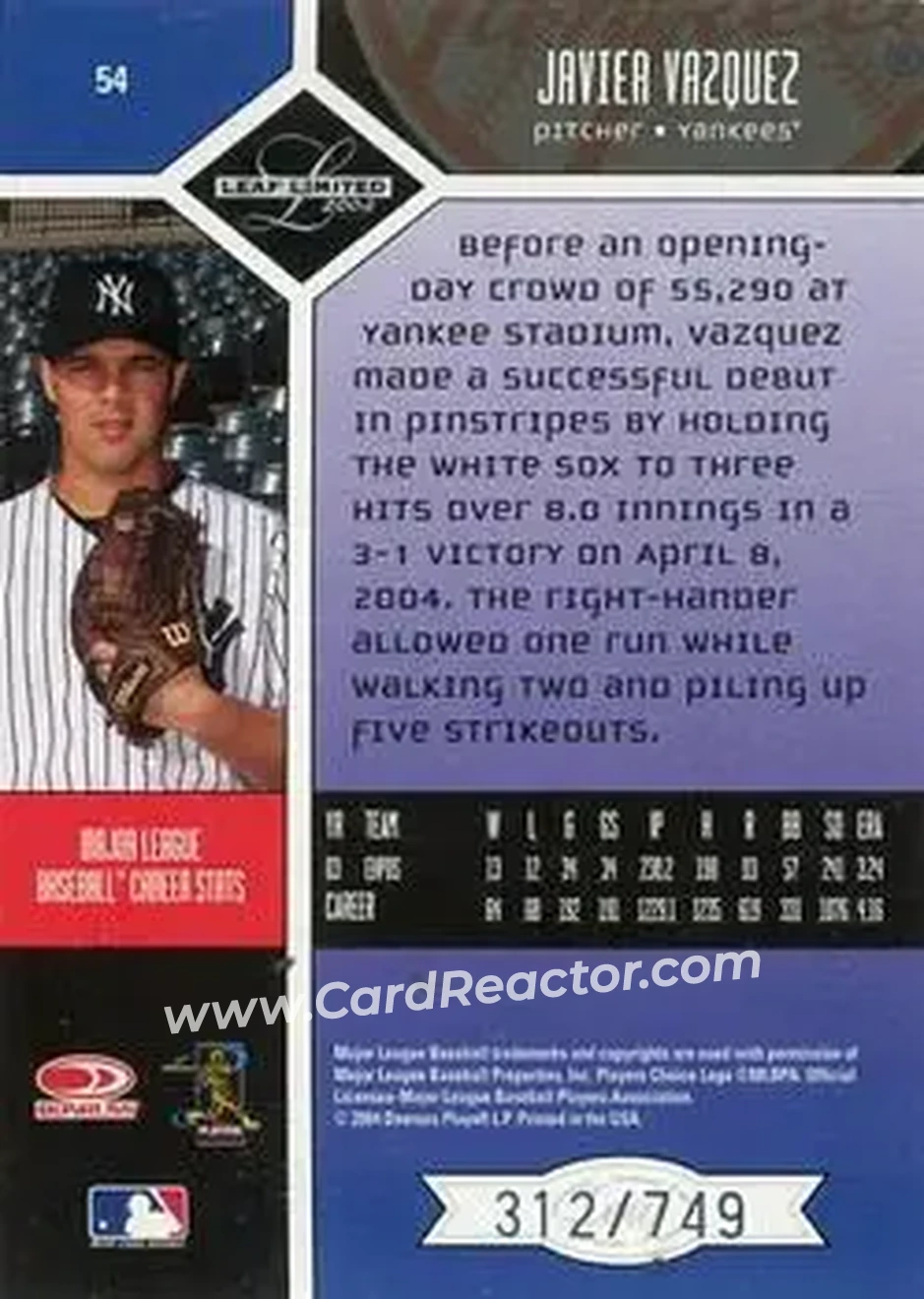 2004 Leaf Limited #54 - Javier Vazquez - New York Yankees - Back 2004 Leaf Limited #54 - Javier Vazquez - New York Yankees - Back