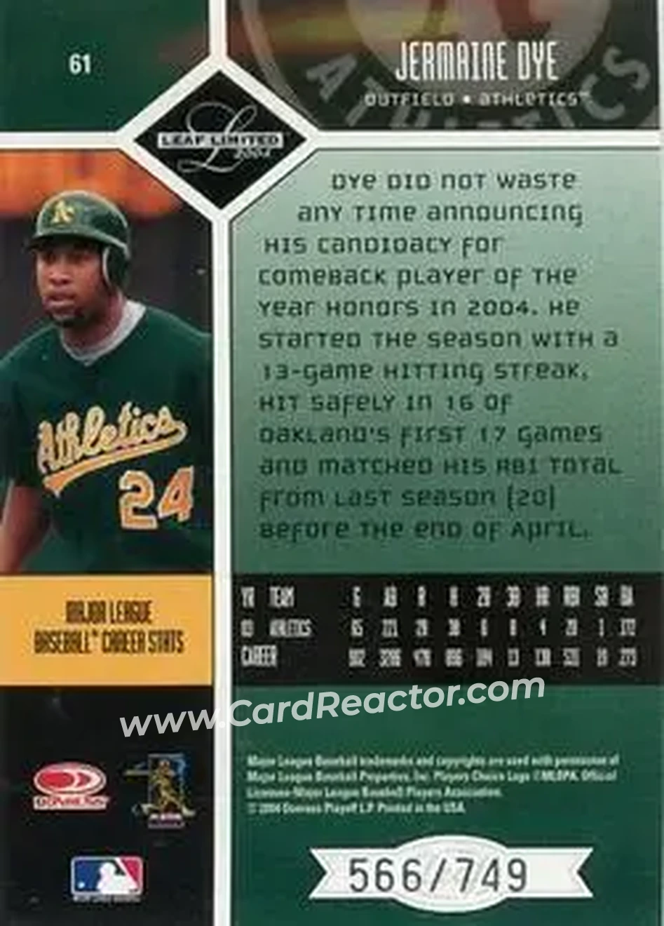 2004 Leaf Limited #61 - Jermaine Dye - Oakland Athletics - Back
