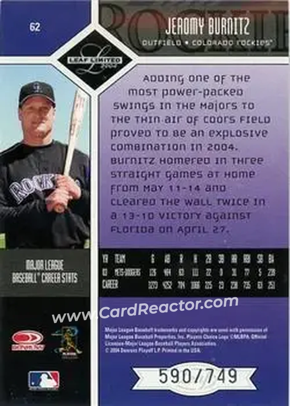 2004 Leaf Limited #62 - Jeromy Burnitz - Colorado Rockies - Back