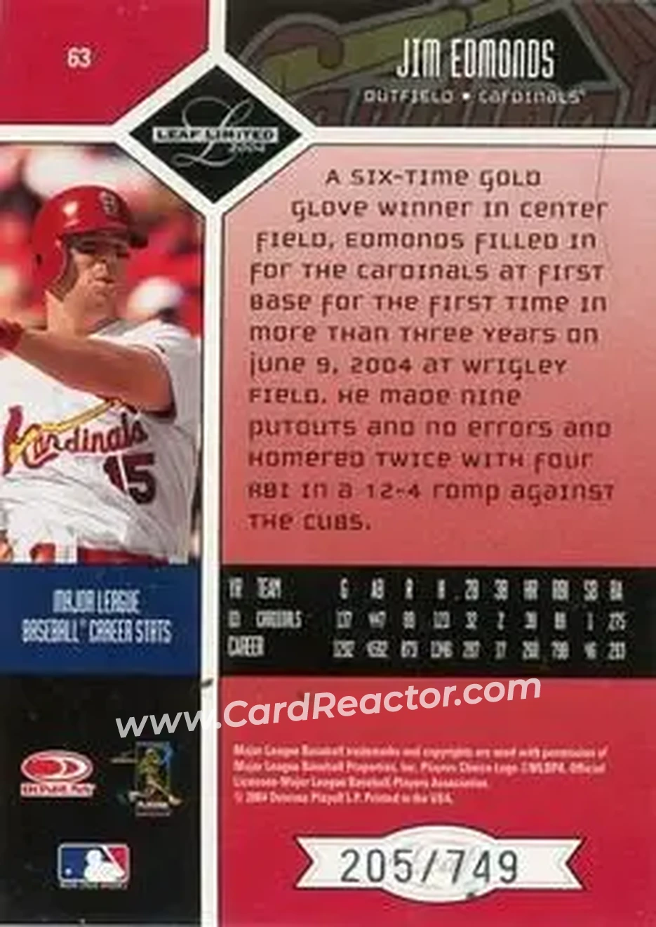 2004 Leaf Limited #63 - Jim Edmonds - St. Louis Cardinals - Back 2004 Leaf Limited #63 - Jim Edmonds - St. Louis Cardinals - Back