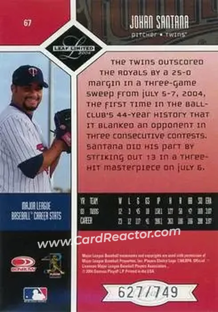 2004 Leaf Limited #67 - Johan Santana - Minnesota Twins - Back 2004 Leaf Limited #67 - Johan Santana - Minnesota Twins - Back