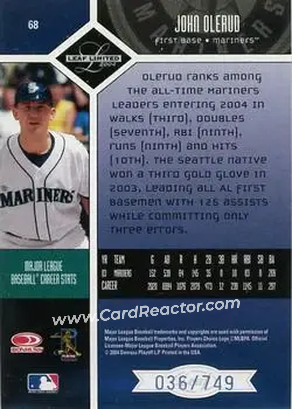 2004 Leaf Limited #68 - John Olerud - Seattle Mariners - Back