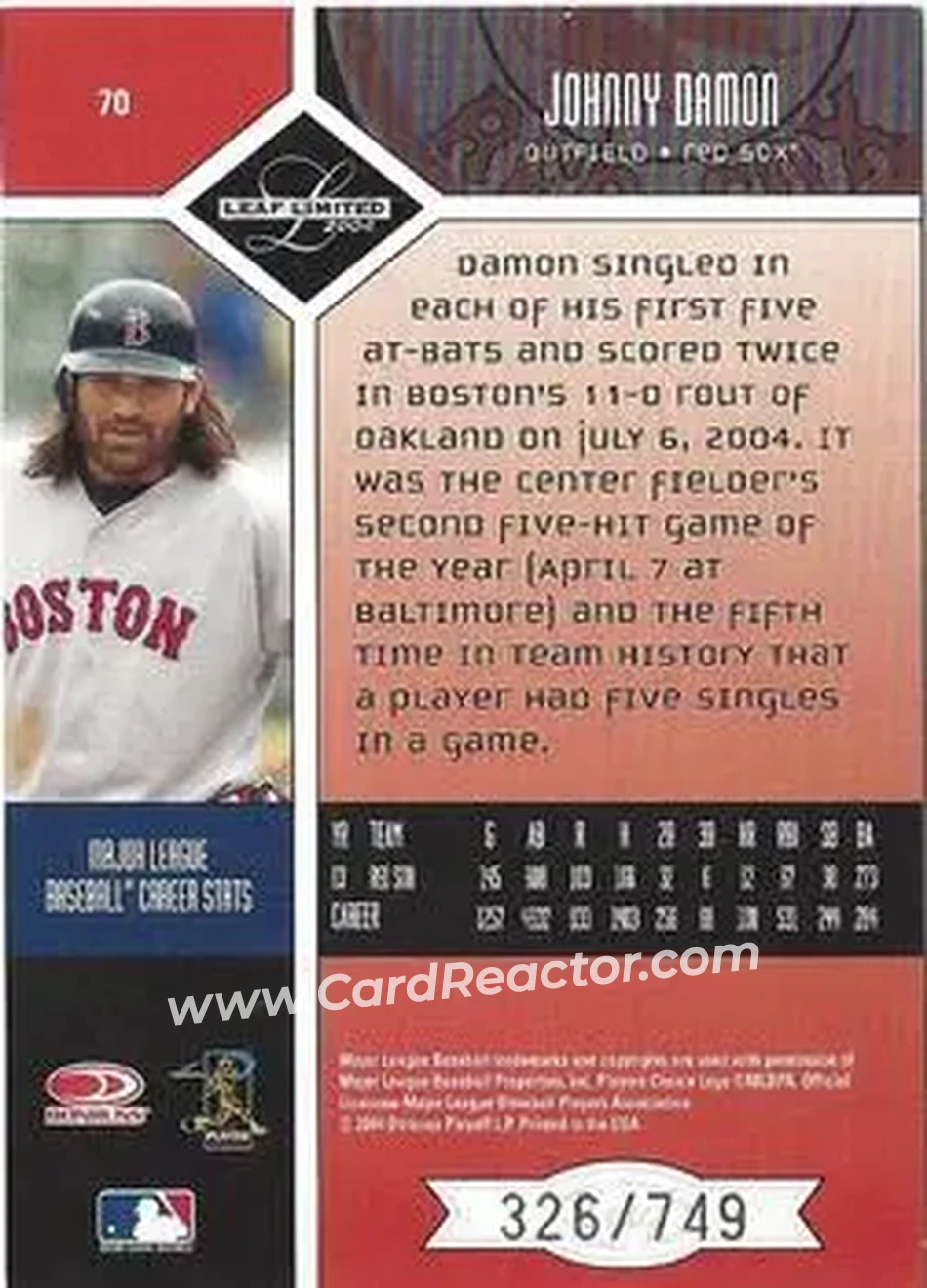 2004 Leaf Limited #70 - Johnny Damon - Boston Red Sox - Back