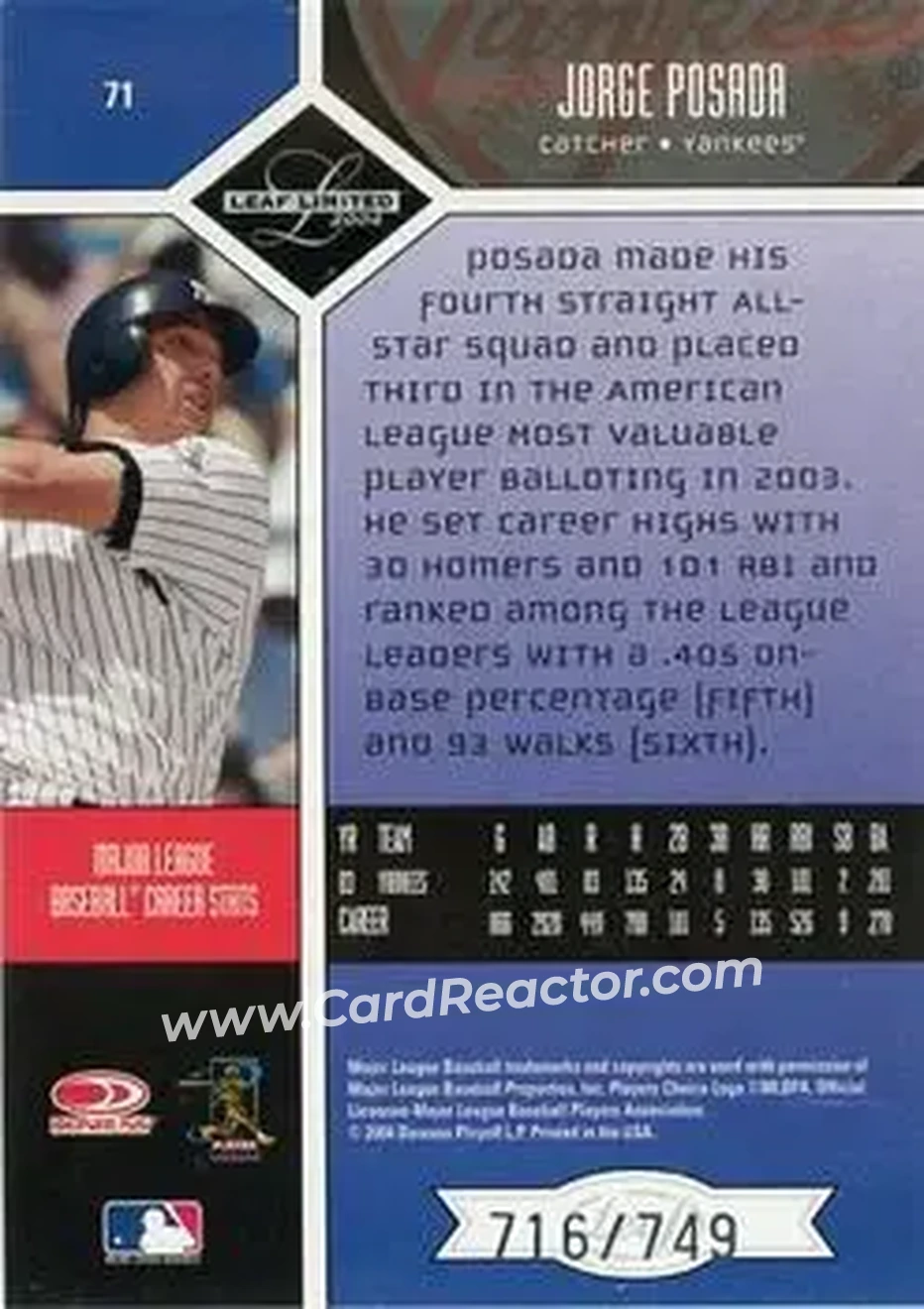 2004 Leaf Limited #71 - Jorge Posada - New York Yankees - Back 2004 Leaf Limited #71 - Jorge Posada - New York Yankees - Back