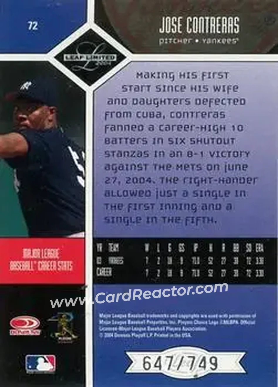 2004 Leaf Limited #72 - Jose Contreras - New York Yankees - Back