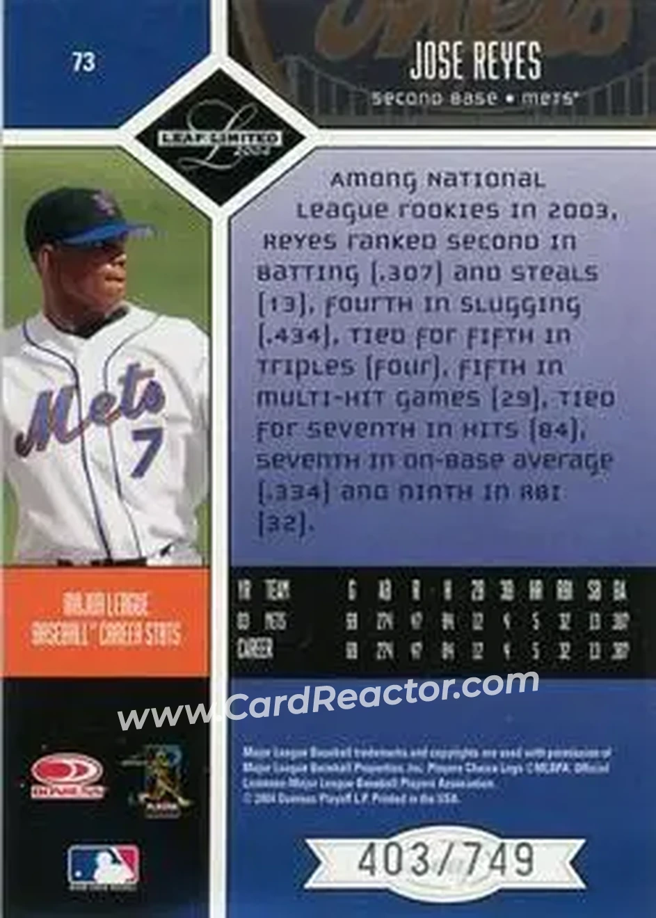 2004 Leaf Limited #73 - Jose Reyes - New York Mets - Back