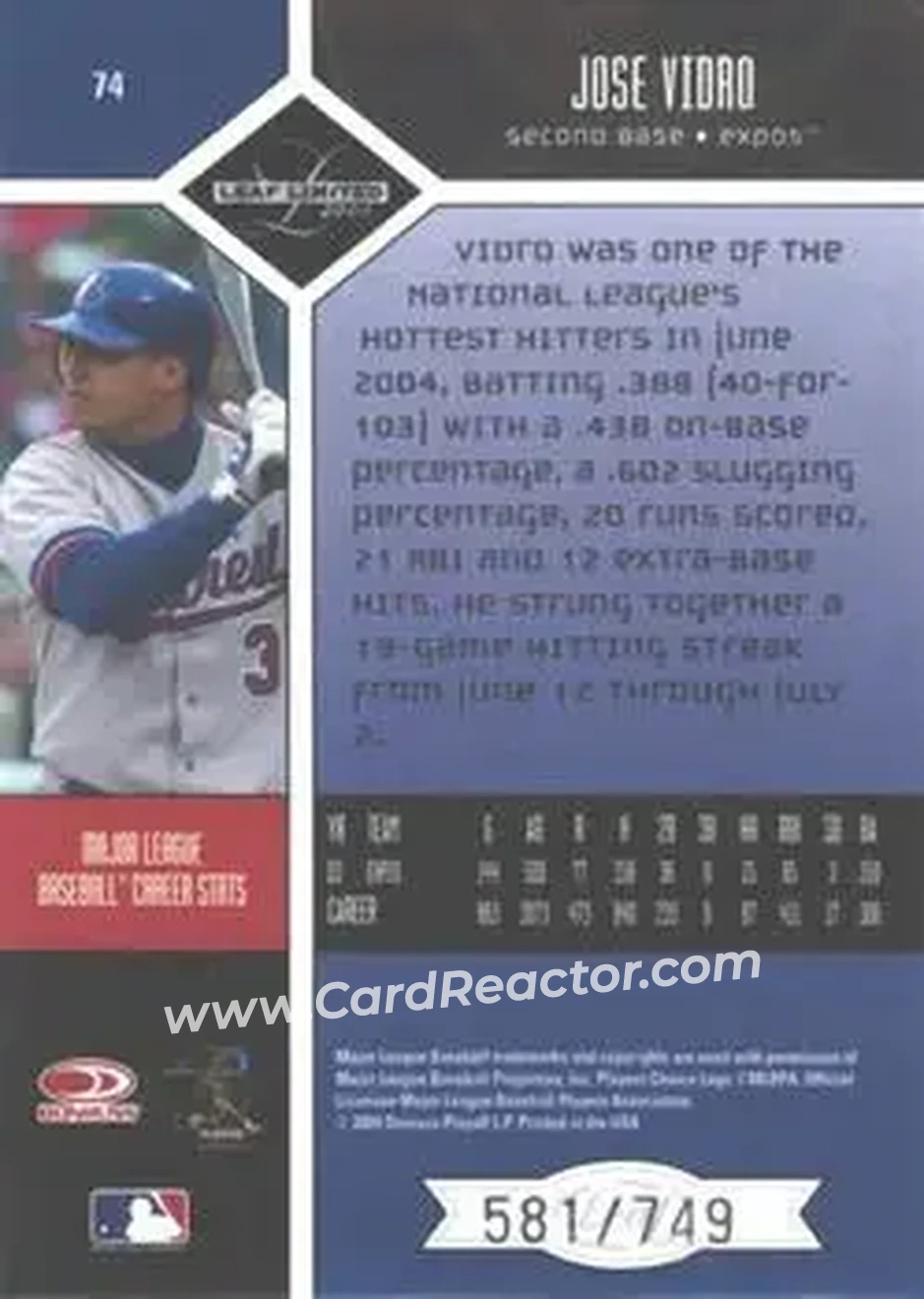 2004 Leaf Limited #74 - Jose Vidro - Montreal Expos - Back