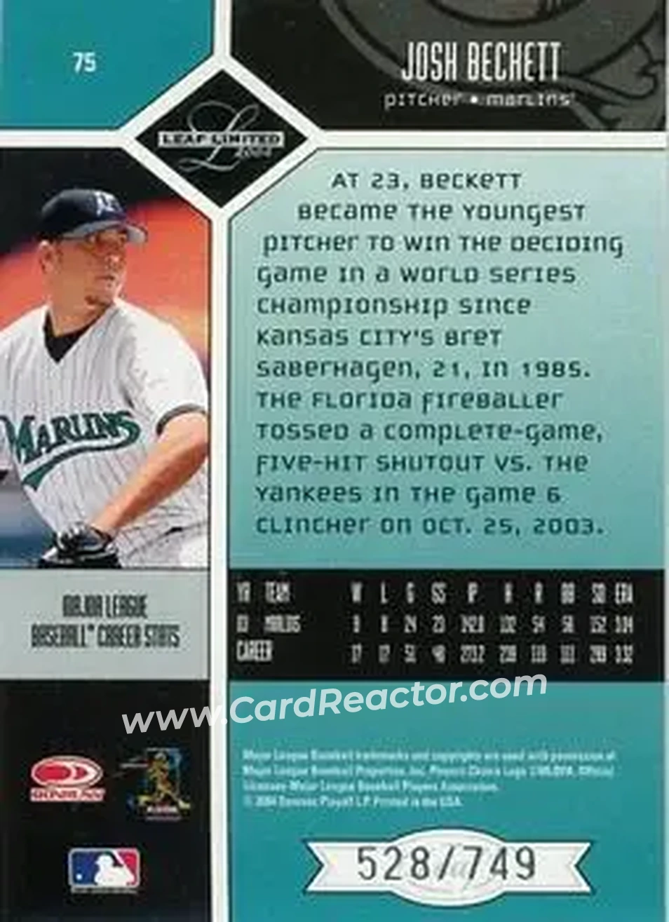 2004 Leaf Limited #75 - Josh Beckett - Florida Marlins - Back