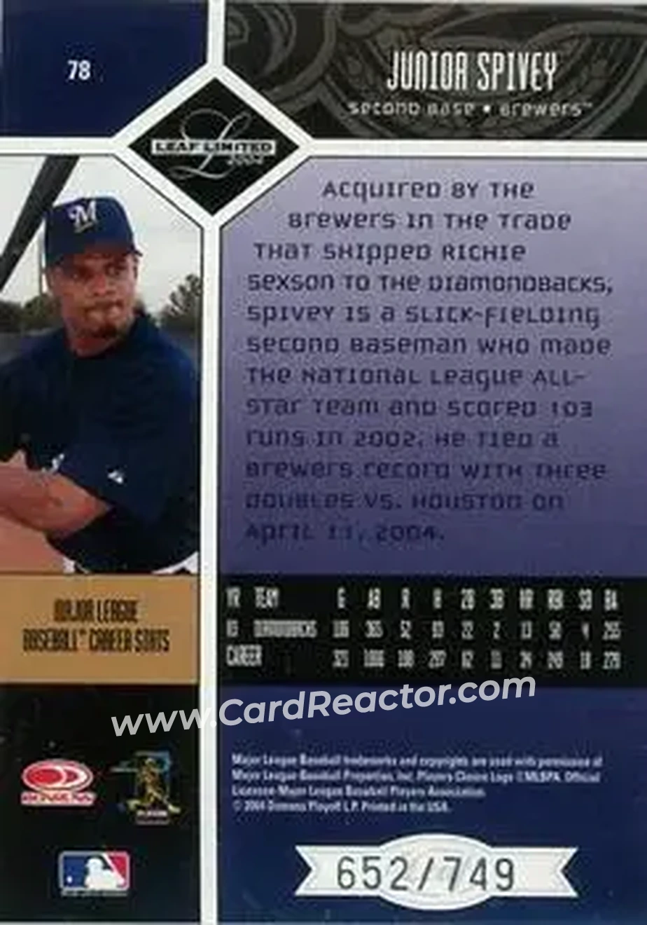 2004 Leaf Limited #78 - Junior Spivey - Milwaukee Brewers - Back 2004 Leaf Limited #78 - Junior Spivey - Milwaukee Brewers - Back