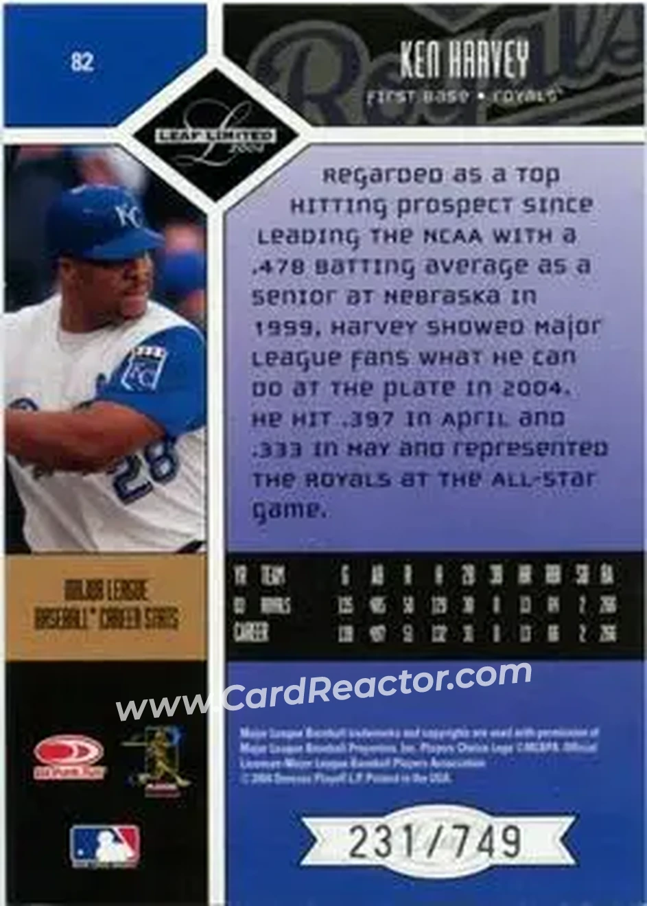 2004 Leaf Limited #82 - Ken Harvey - Kansas City Royals - Back 2004 Leaf Limited #82 - Ken Harvey - Kansas City Royals - Back