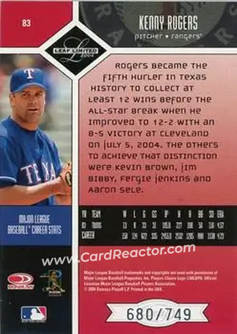 2004 Leaf Limited #83 - Kenny Rogers - Texas Rangers - Back 2004 Leaf Limited #83 - Kenny Rogers - Texas Rangers - Back