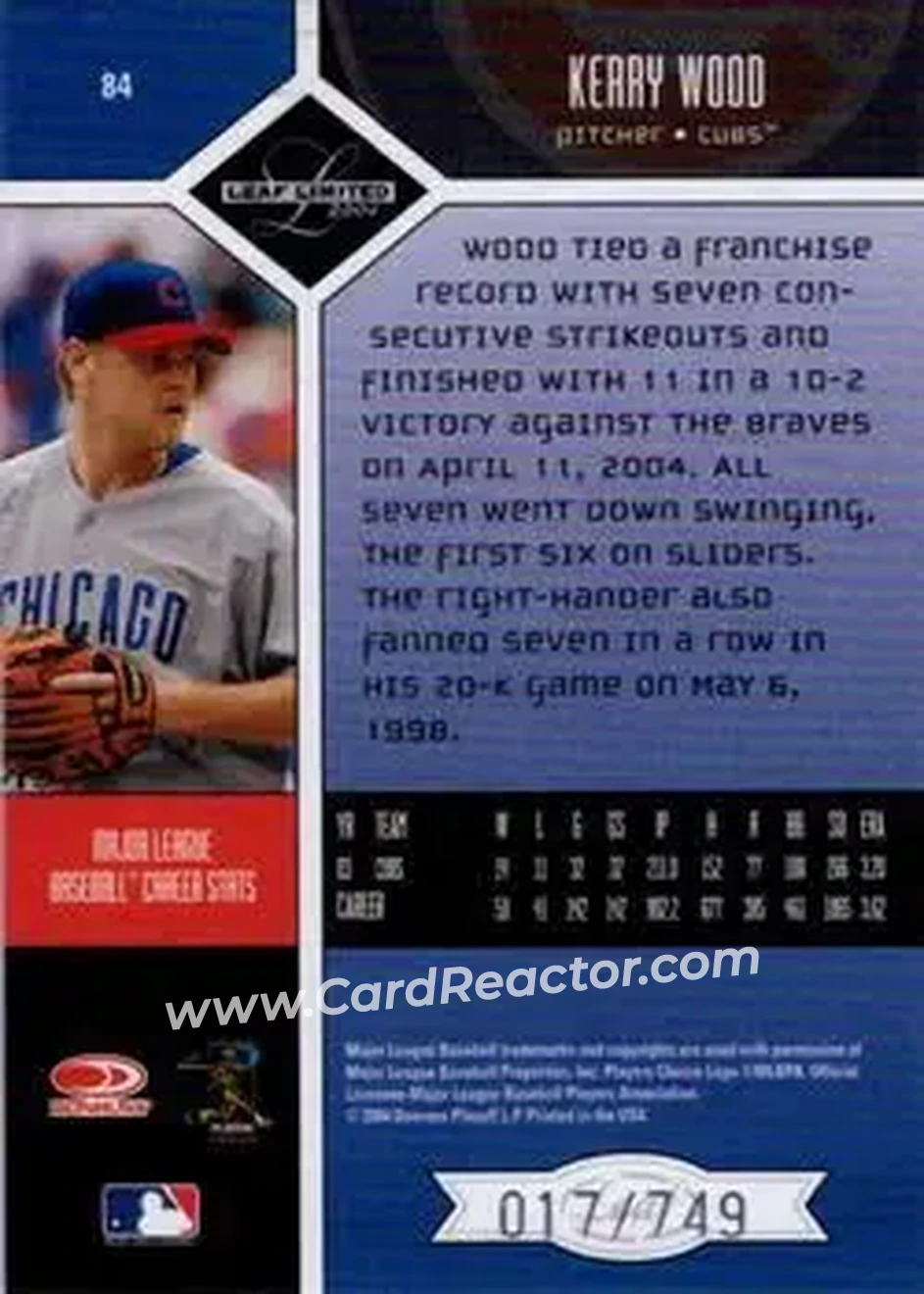 2004 Leaf Limited #84 - Kerry Wood - Chicago Cubs - Back