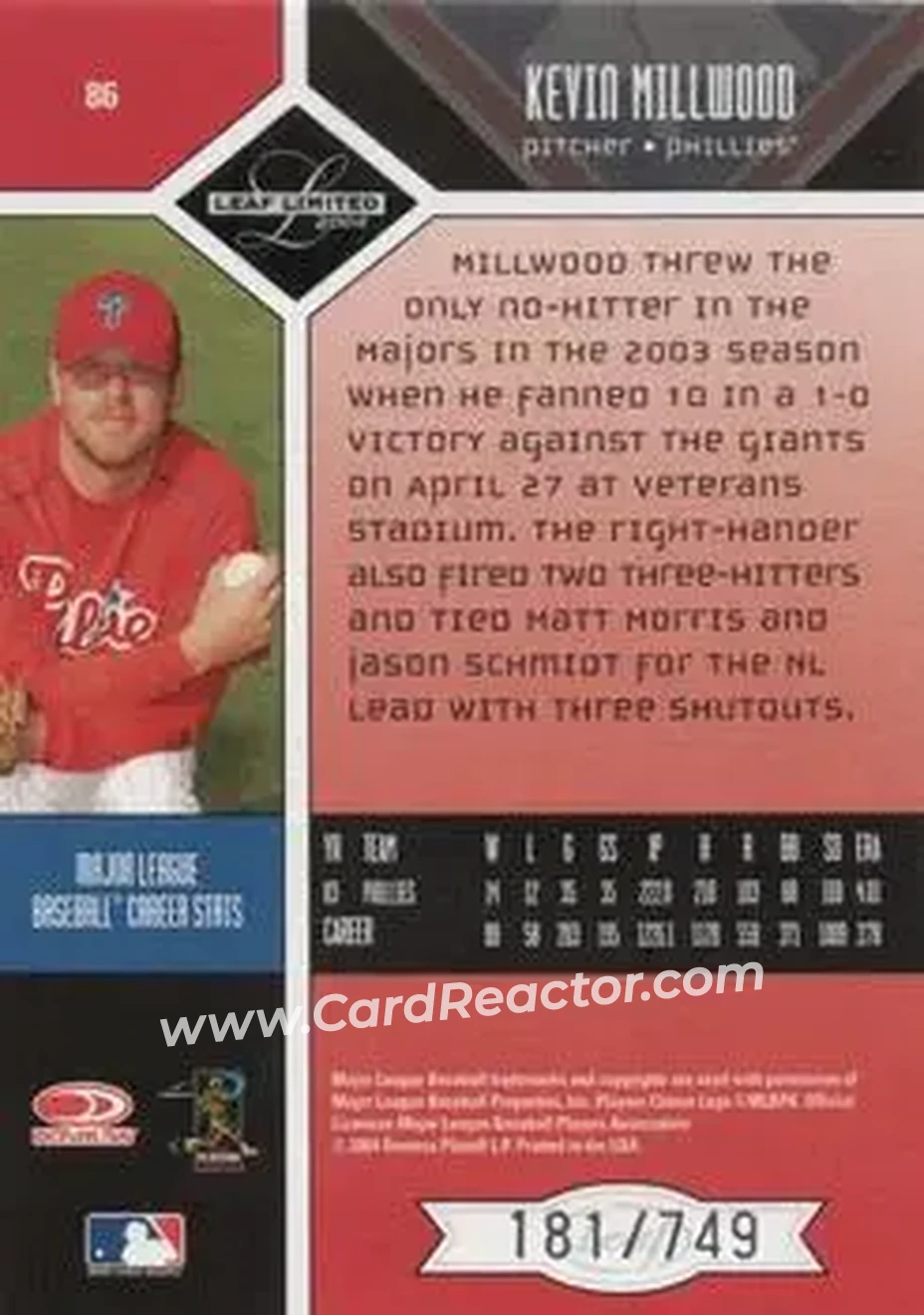 2004 Leaf Limited #86 - Kevin Millwood - Philadelphia Phillies - Back 2004 Leaf Limited #86 - Kevin Millwood - Philadelphia Phillies - Back