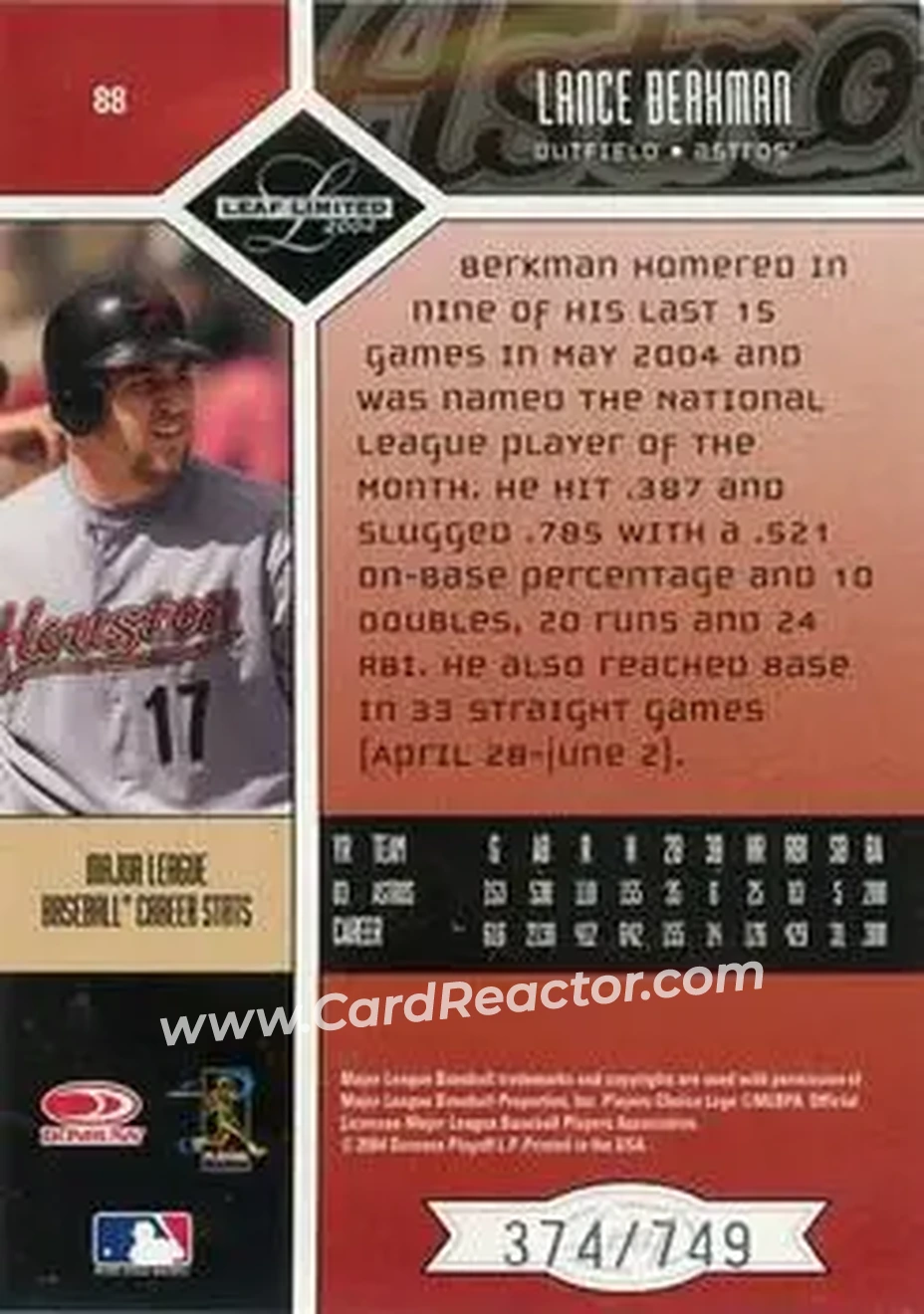 2004 Leaf Limited #88 - Lance Berkman - Houston Astros - Back