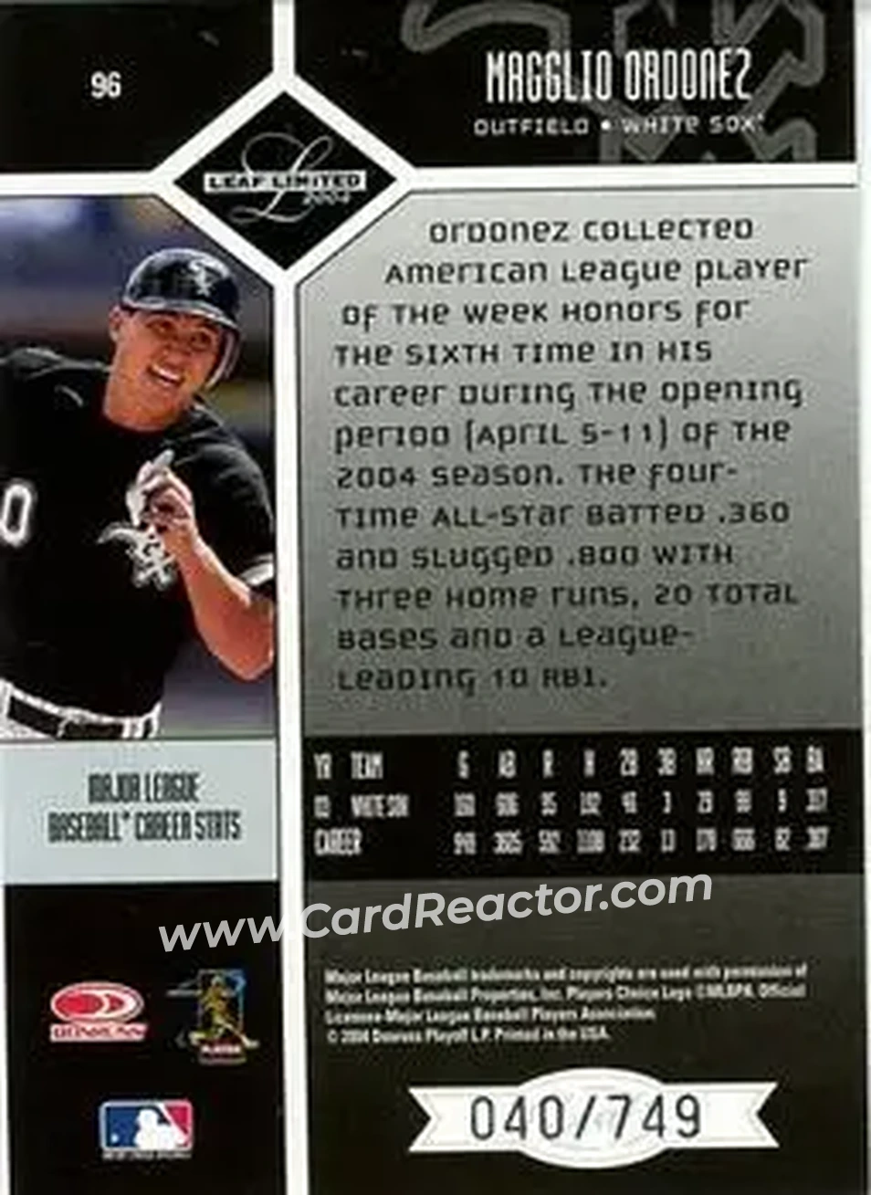 2004 Leaf Limited #96 - Magglio Ordonez - Chicago White Sox - Back