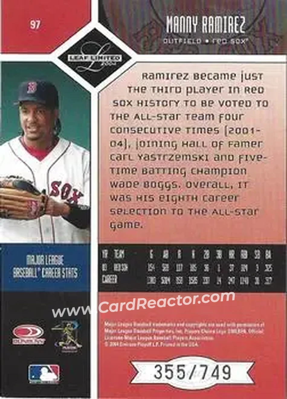 2004 Leaf Limited #97 - Manny Ramirez - Boston Red Sox - Back 2004 Leaf Limited #97 - Manny Ramirez - Boston Red Sox - Back