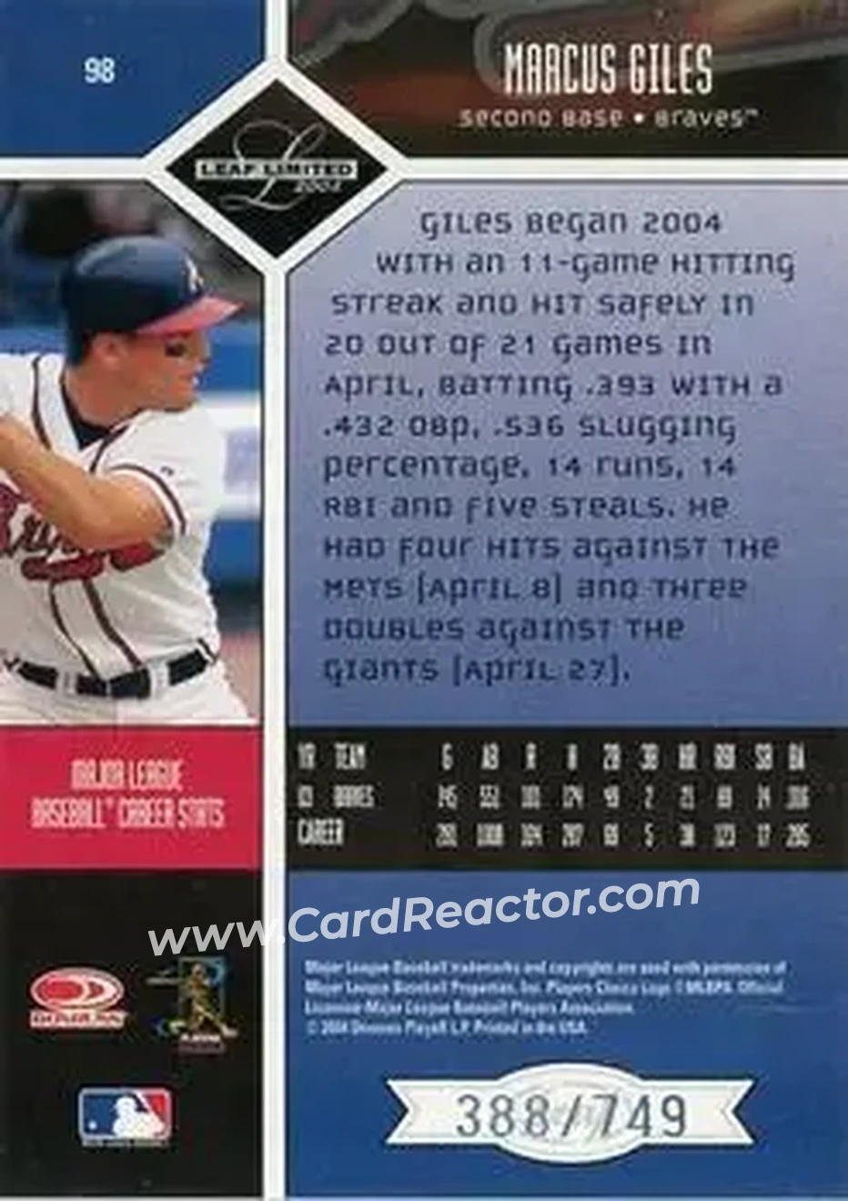 2004 Leaf Limited #98 - Marcus Giles - Atlanta Braves - Back