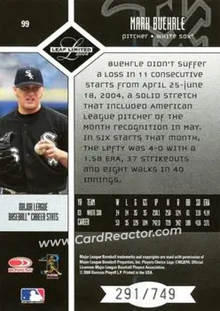 2004 Leaf Limited #99 - Mark Buehrle - Chicago White Sox - Back 2004 Leaf Limited #99 - Mark Buehrle - Chicago White Sox - Back