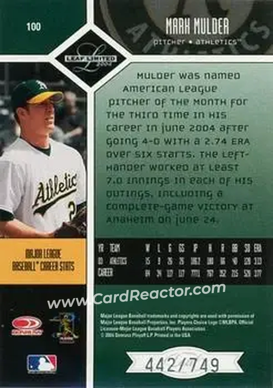 2004 Leaf Limited #100 - Mark Mulder - Oakland Athletics - Back 2004 Leaf Limited #100 - Mark Mulder - Oakland Athletics - Back