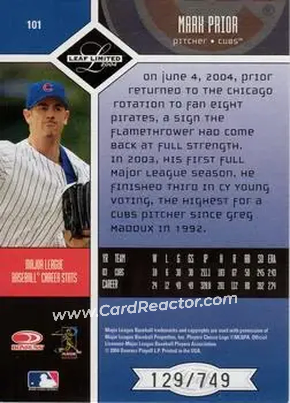 2004 Leaf Limited #101 - Mark Prior - Chicago Cubs - Back