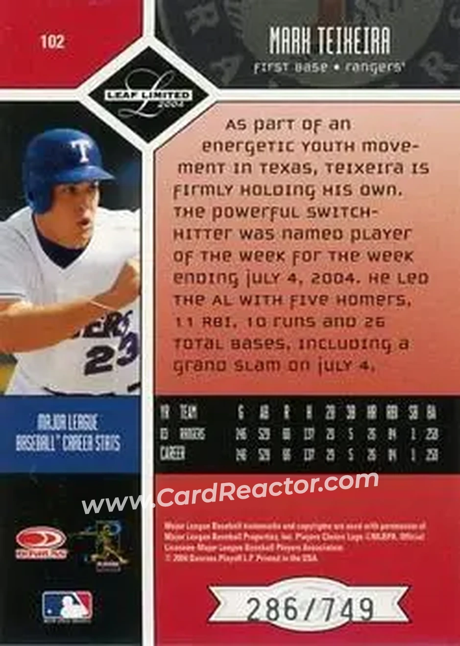 2004 Leaf Limited #102 - Mark Teixeira - Texas Rangers - Back