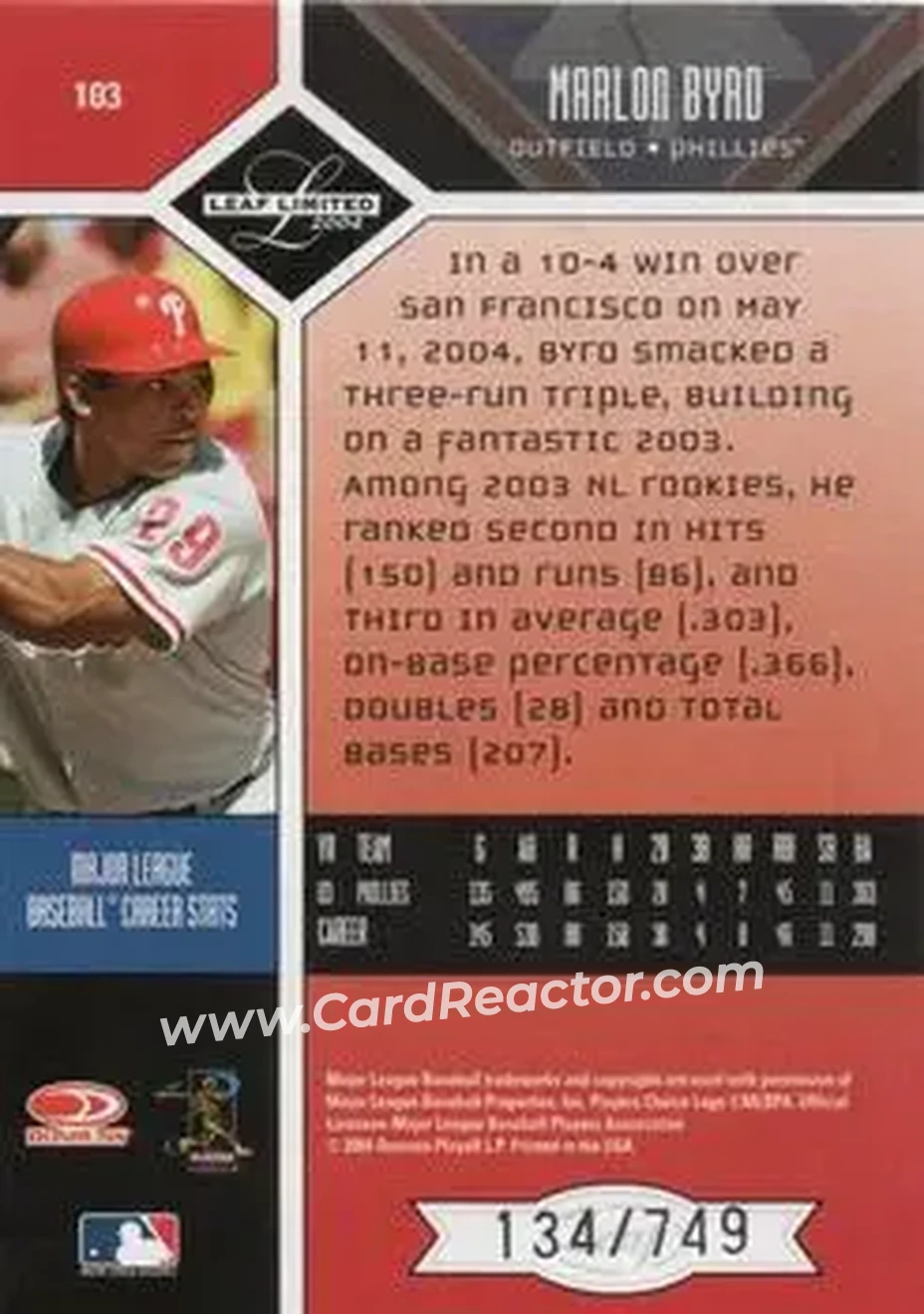 2004 Leaf Limited #103 - Marlon Byrd - Philadelphia Phillies - Back 2004 Leaf Limited #103 - Marlon Byrd - Philadelphia Phillies - Back